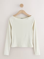 White Open Slash Neck Soft Touch Long Sleeve Top - Image 5 of 7