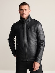 Black Four Pocket Leather Biker Jacket - Image 1 of 15