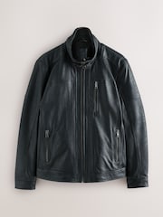 Black Four Pocket Leather Biker Jacket - Image 10 of 15