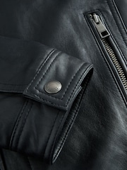 Black Four Pocket Leather Biker Jacket - Image 14 of 15