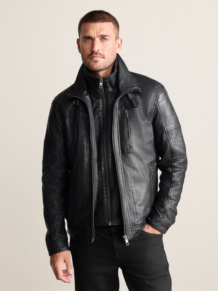 Black Four Pocket Leather Biker Jacket - Image 2 of 15