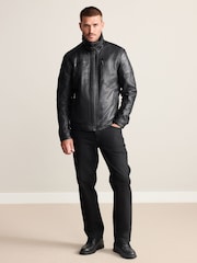 Black Four Pocket Leather Biker Jacket - Image 4 of 15