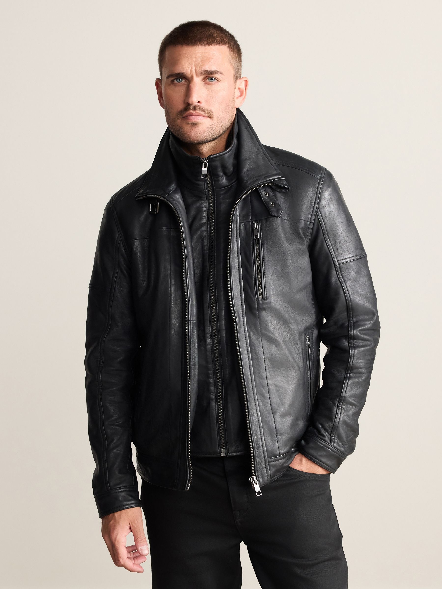 Buy Black Signature Four Pocket Borg Lined Leather Jacket from