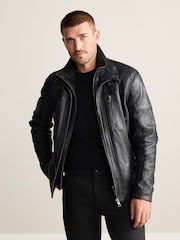 Black Four Pocket Leather Biker Jacket - Image 5 of 15