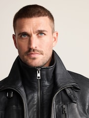 Black Four Pocket Leather Biker Jacket - Image 6 of 15