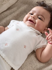 Mamas & Papas Flower Embroidered 100% Cotton White Polo & Shorts Knit Set - Image 2 of 6