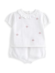 Mamas & Papas Flower Embroidered 100% Cotton White Polo & Shorts Knit Set - Image 3 of 6