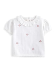 Mamas & Papas Flower Embroidered 100% Cotton White Polo & Shorts Knit Set - Image 6 of 6