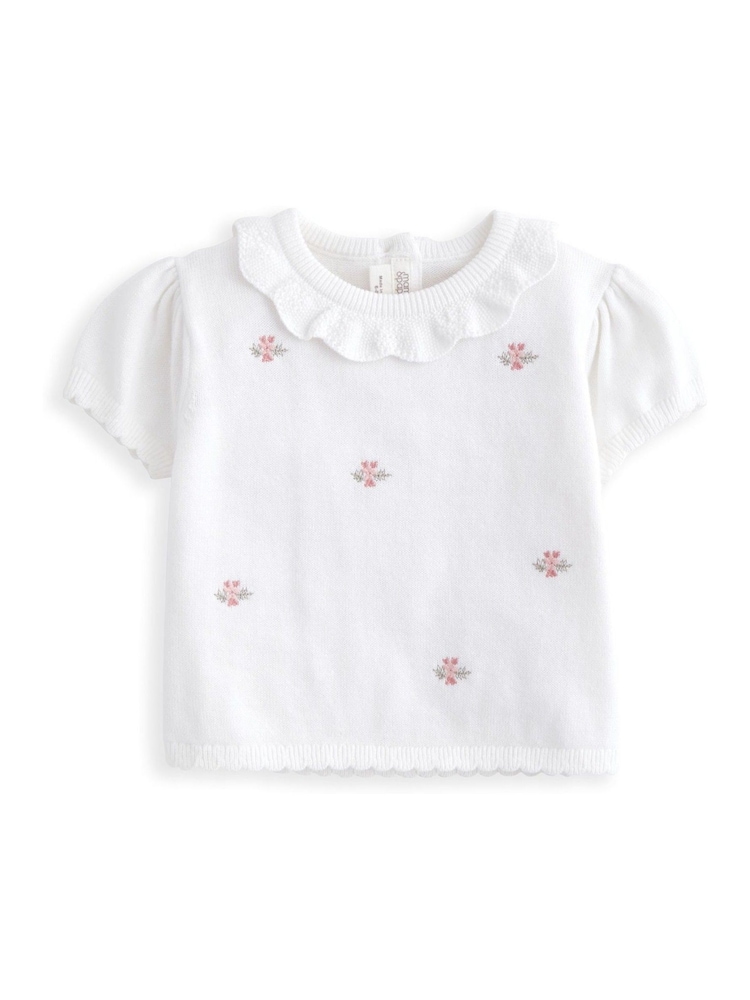 Mamas & Papas Flower Embroidered 100% Cotton White Polo & Shorts Knit Set - Image 6 of 6