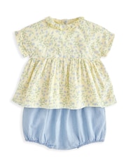 Mamas & Papas Yellow Climbing Buds Print 100% Cotton Blouse & Bloomer Set - Imagen 1 de 3