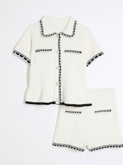 River Island Cream Girls Textured Tipped Polo Top And Short Set - Image 1 of 5