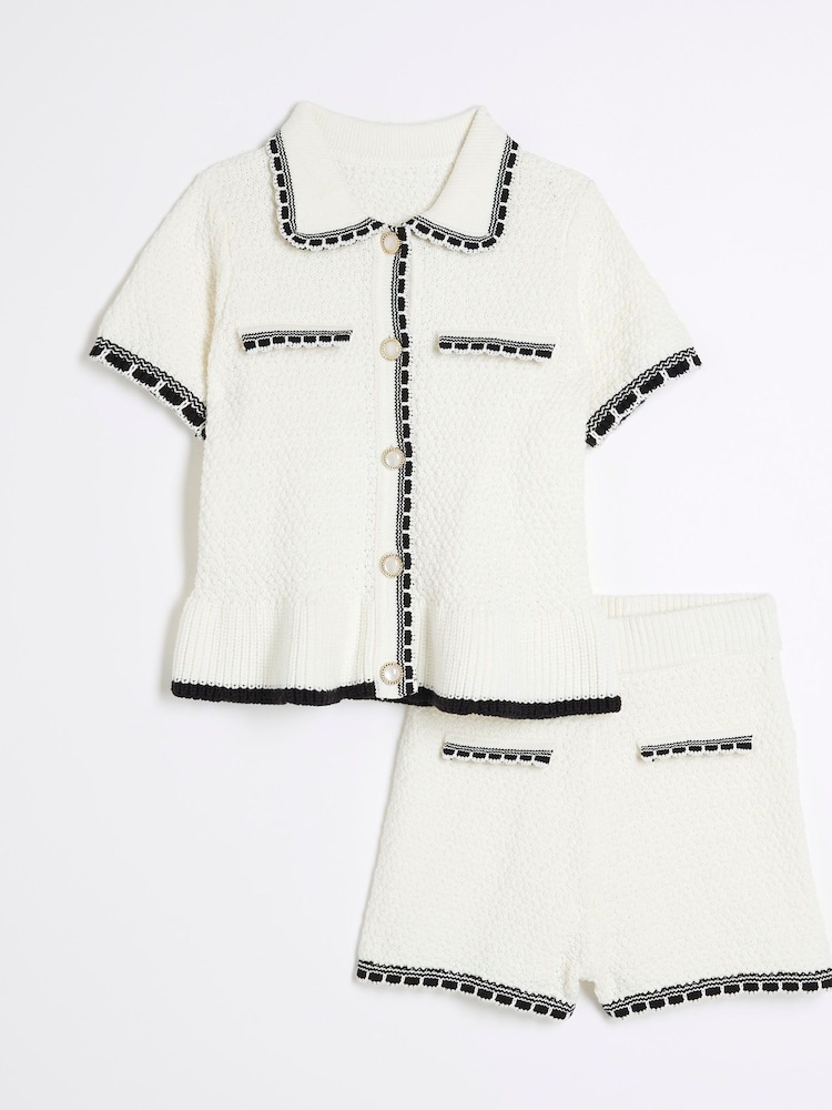 River Island Cream Girls Textured Tipped Polo Top And Short Set - Image 1 of 5