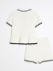 River Island Cream Girls Textured Tipped Polo Top And Short Set - Image 2 of 5