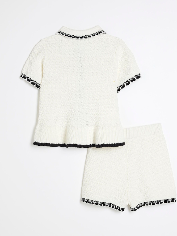 River Island Cream Girls Textured Tipped Polo Top And Short Set - Image 2 of 5