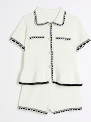 River Island Cream Girls Textured Tipped Polo Top And Short Set - Image 3 of 5