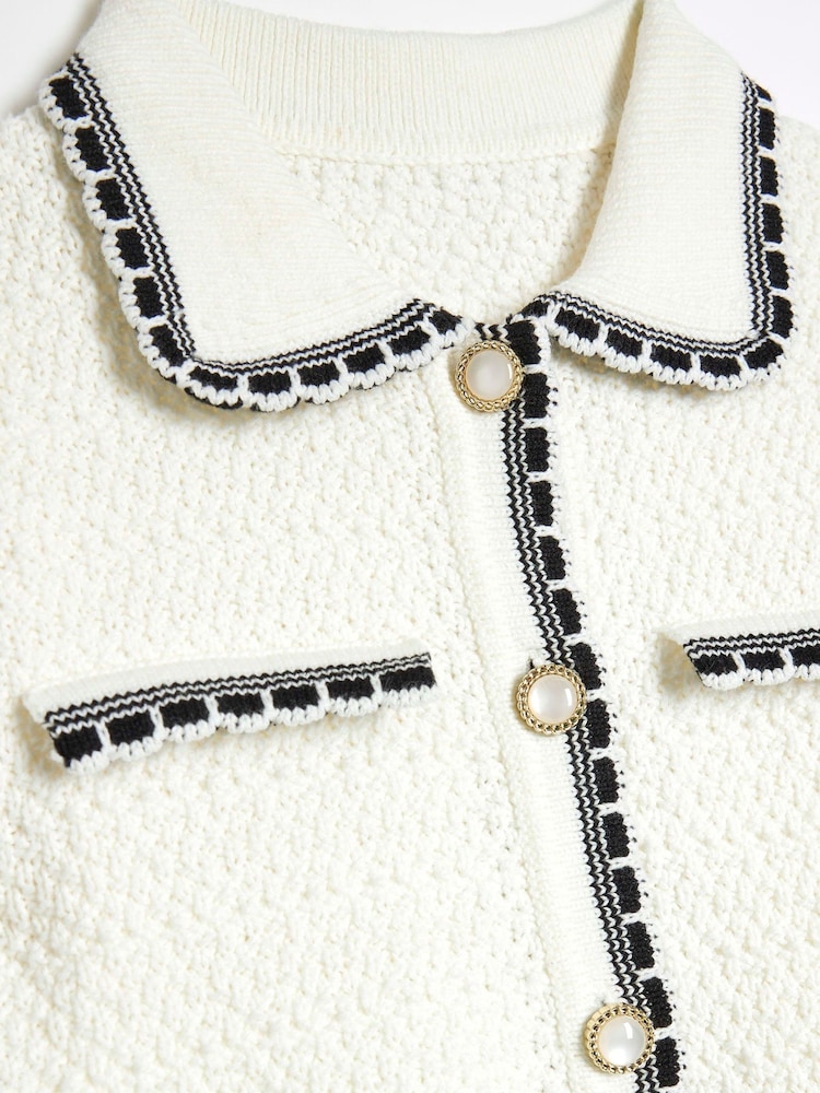 River Island Cream Girls Textured Tipped Polo Top And Short Set - Image 5 of 5
