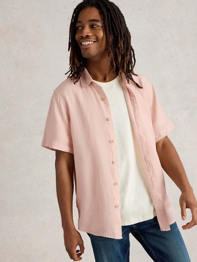 White Stuff Pink Keswick Short Sleeve 100% Linen Shirt - Image 4 of 6