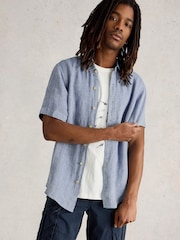 White Stuff Blue Keswick Short Sleeve 100% Linen Shirt - Image 3 of 6
