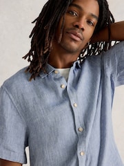 White Stuff Blue Keswick Short Sleeve 100% Linen Shirt - Image 4 of 6