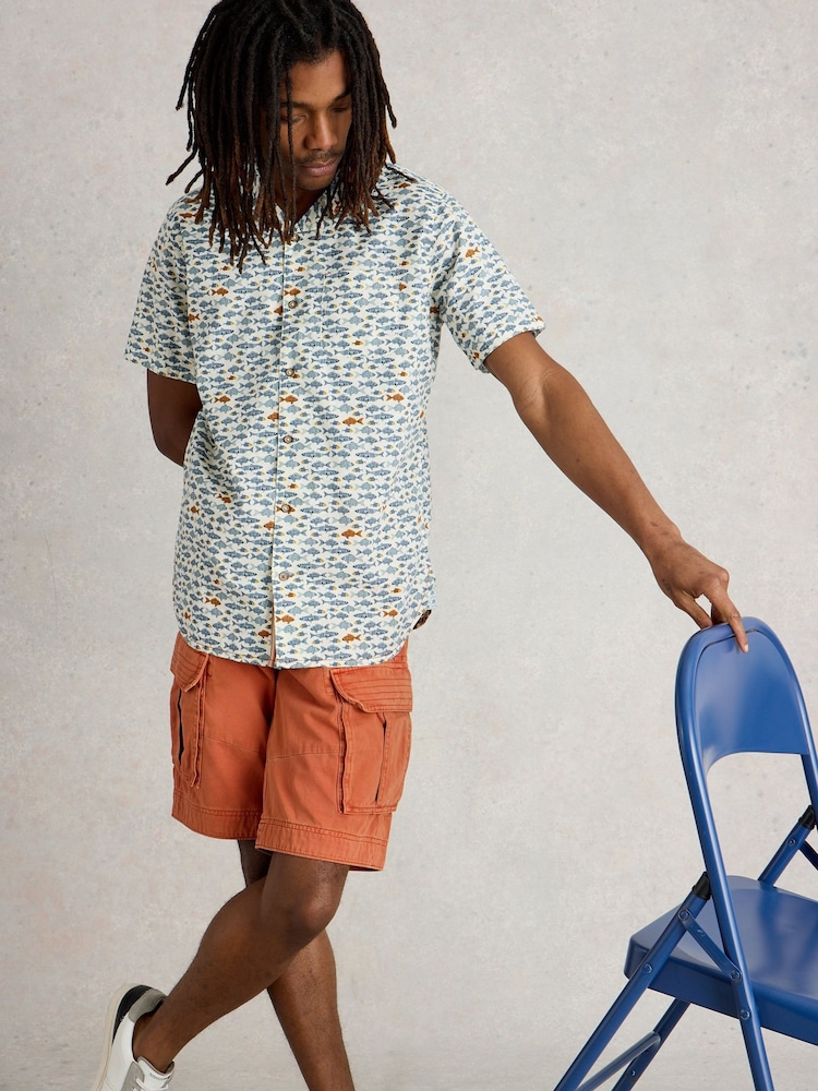 White Stuff Blue Hayle Fish Printed 100% Organic Cotton Shirt - Image 2 of 6