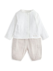 Mamas & Papas Welcome To The World 100% Cotton Brown Jacket Bodysuit & Trousers Outfit Set - Image 1 of 4