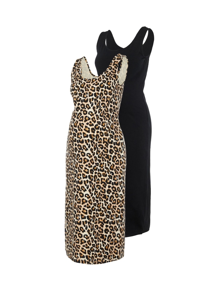 Mamalicious Black Printed And Plain Jersey Midi Dresses 2 Pack - Image 1 of 5