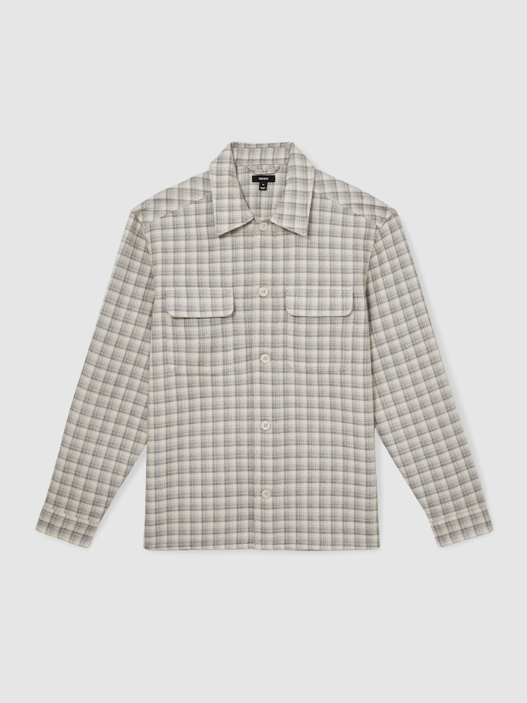 Reiss Light Grey Ribona Woven Check Twin-Pocket Overshirt - Image 2 of 6