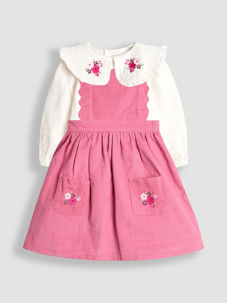 JoJo Maman Bébé Pink Embroidered Cord Pinafore Dress & Blouse Set - Image 1 of 6