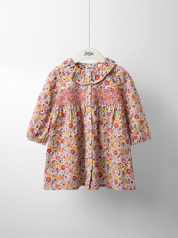 JoJo Maman Bébé Cream Floral Frill Collar Cord Button Through Dress - Image 1 of 5