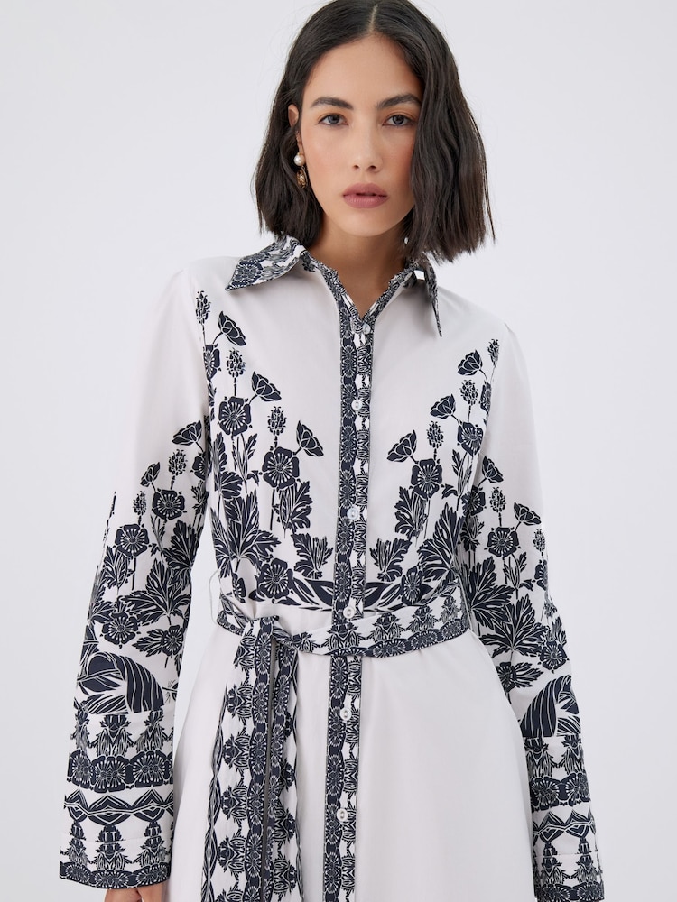 Raishma White Faith 100% Cotton Belted Waist Midi Shirt Dress - Image 3 of 3
