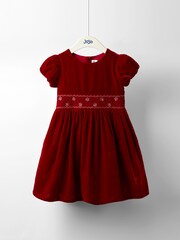 JoJo Maman Bébé Red Smock Waist Velvet Party Dress - Image 1 of 5