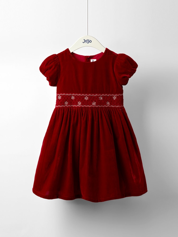 JoJo Maman Bébé Red Smock Waist Velvet Party Dress - Image 1 of 5