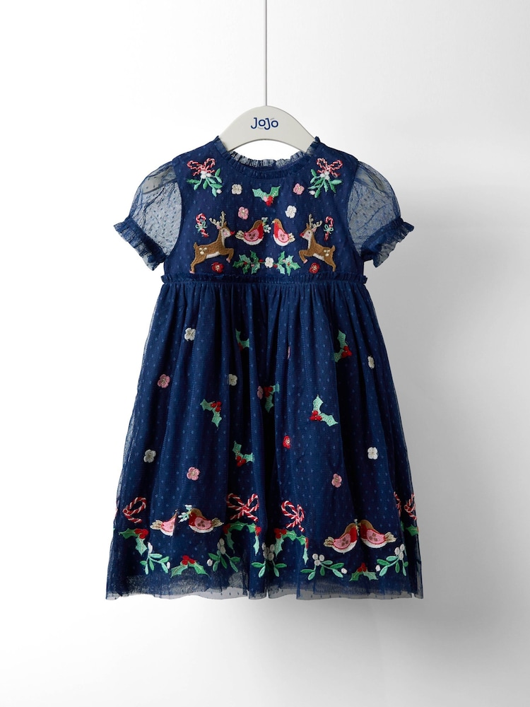 JoJo Maman Bébé Navy Blue Festive Friends Tulle Party Dress - Image 1 of 4