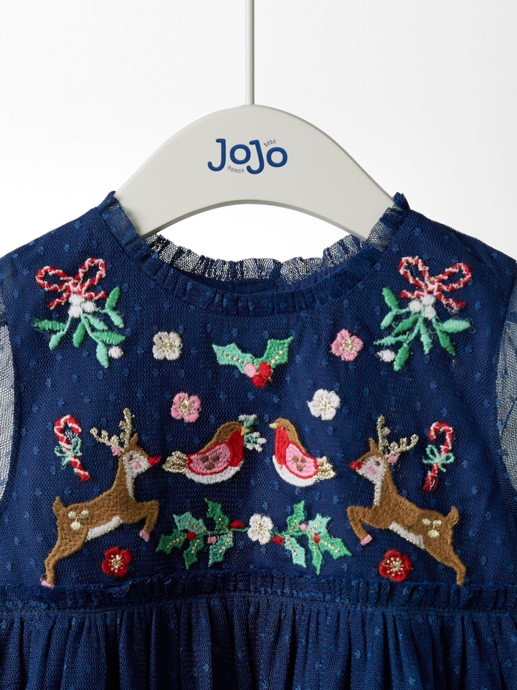 JoJo Maman Bébé Navy Blue Festive Friends Tulle Party Dress - Image 2 of 4