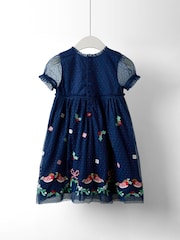 JoJo Maman Bébé Navy Blue Festive Friends Tulle Party Dress - Image 4 of 4