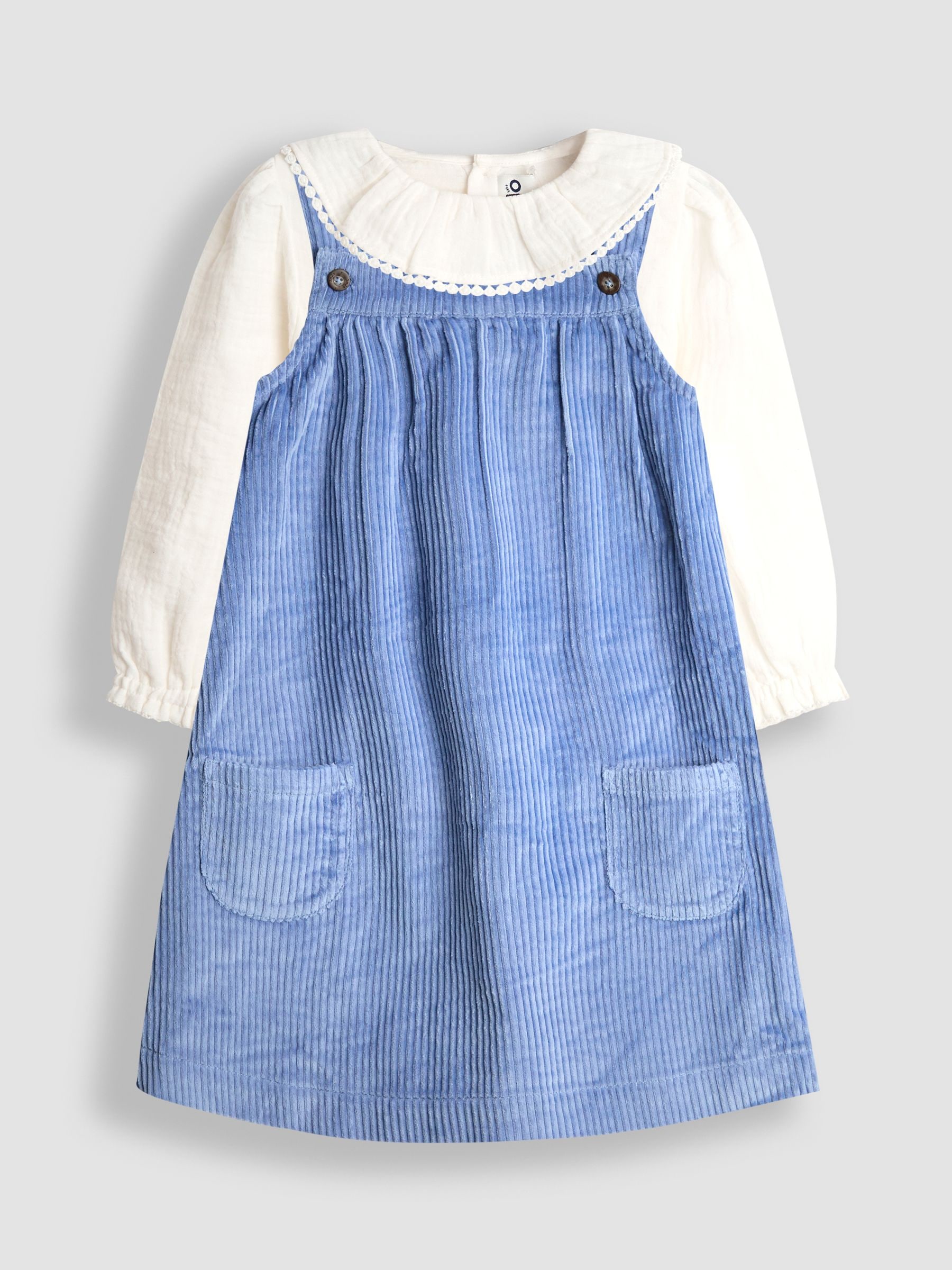 JoJo Maman Bébé Blue Cord Pinafore Dress & Pretty Collar Top Set