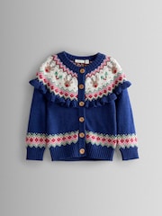 JoJo Maman Bébé Reindeer Christmas Frill Yoke Fairisle Cardigan - Image 1 of 3