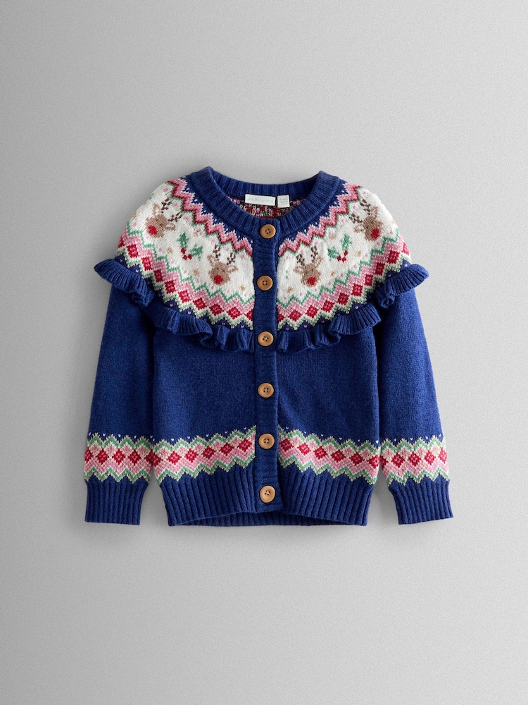 JoJo Maman Bébé Reindeer Christmas Frill Yoke Fairisle Cardigan - Image 1 of 3