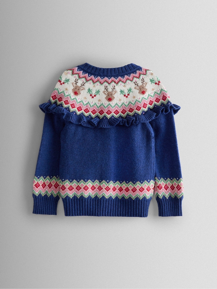 JoJo Maman Bébé Reindeer Christmas Frill Yoke Fairisle Cardigan - Image 2 of 3