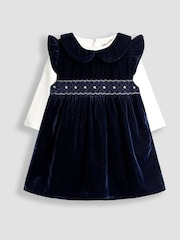 JoJo Maman Bébé Navy Blue Velvet Baby Dress & Body Set - Image 1 of 6