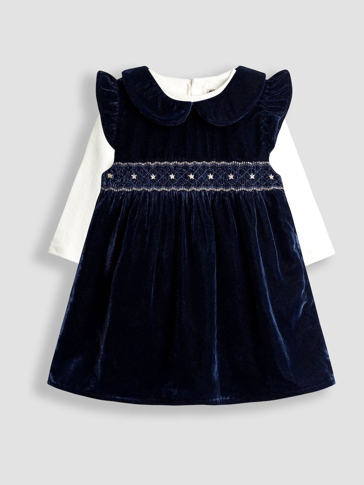 JoJo Maman Bébé Navy Blue Velvet Baby Dress & Body Set - Image 1 of 6