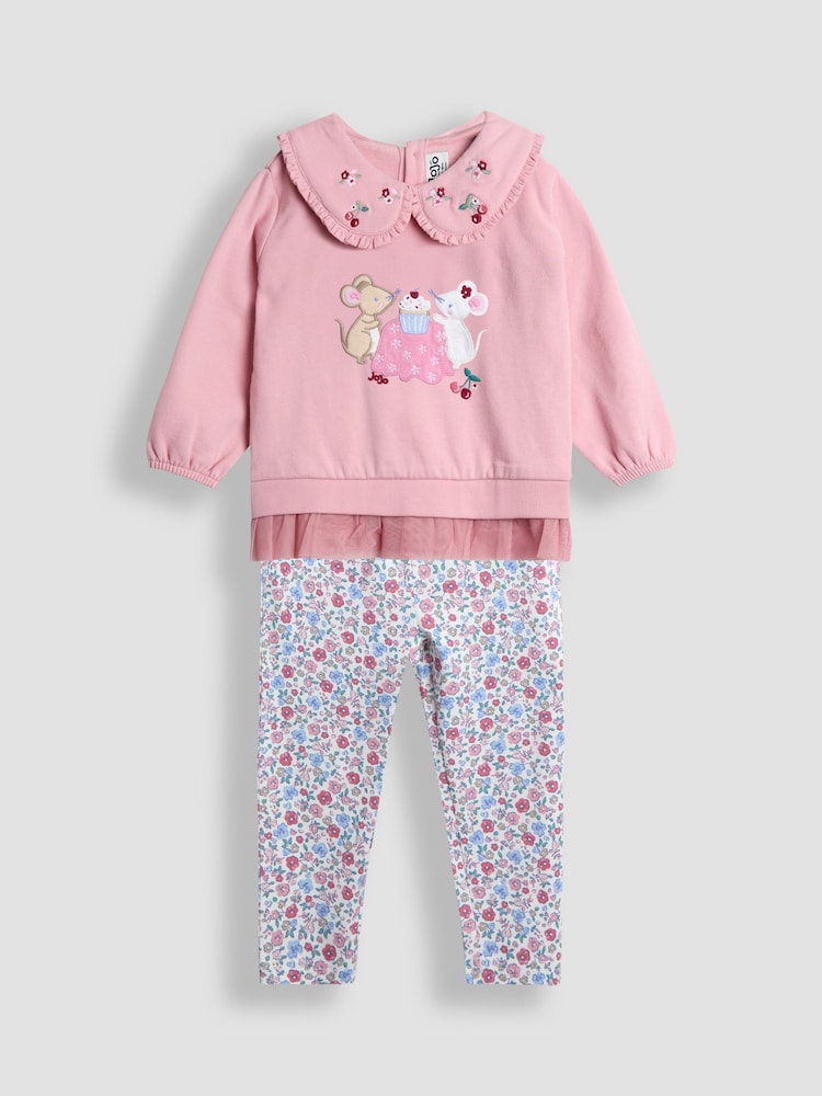 JoJo Maman Bébé Pink Light Appliqué Tulle Sweatshirt & Legging Set - Image 1 of 7