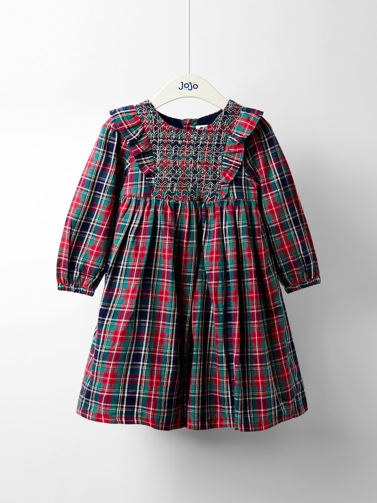 JoJo Maman Bébé Blue Smocked Frill Tartan Party Dress - Image 1 of 4
