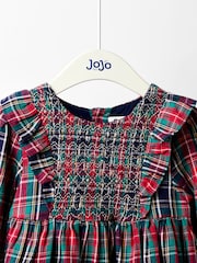 JoJo Maman Bébé Navy Smocked Frill Tartan Party Dress - Image 6 of 7