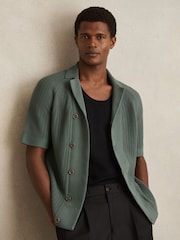 Reiss Pine Green Alphonso Cotton Textured-Knit Cuban-Collar Shirt - Image 1 of 5