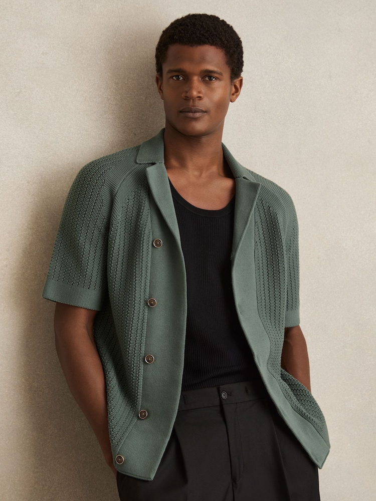 Reiss Pine Green Alphonso Cotton Textured-Knit Cuban-Collar Shirt - Image 1 of 5