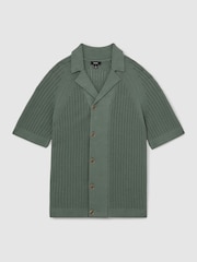 Reiss Pine Green Alphonso Cotton Textured-Knit Cuban-Collar Shirt - Image 2 of 5