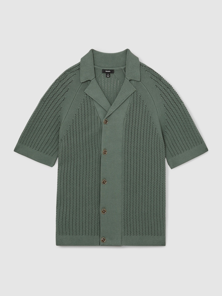 Reiss Pine Green Alphonso Cotton Textured-Knit Cuban-Collar Shirt - Image 2 of 5