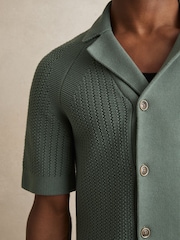 Reiss Pine Green Alphonso Cotton Textured-Knit Cuban-Collar Shirt - Image 3 of 5