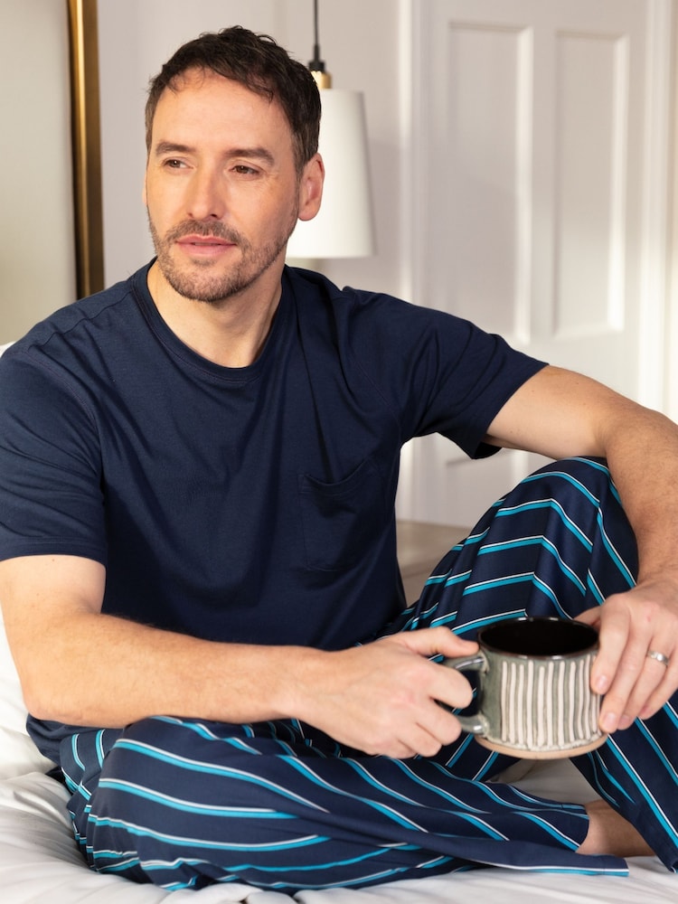 Cyberjammies Blue Mens Printed Pyjama Bottoms and Solid Jersey T-Shirt - Image 3 of 3